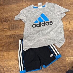 adidas Grey Tee with Blue Logo and Black Shorts